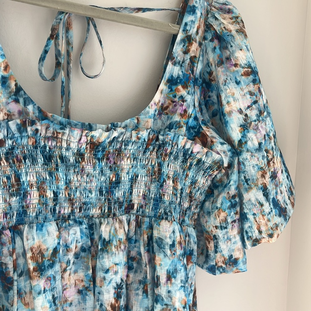 By Anthropologie Floral Dress Milkmaid Watercolor Blue Midi Size XXS - Picture 7 of 12